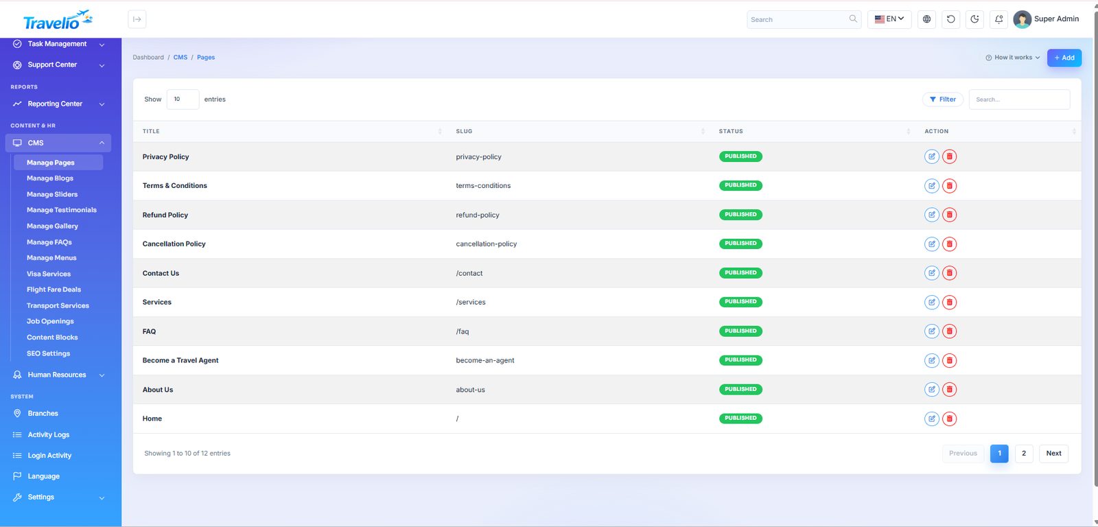Manage pages